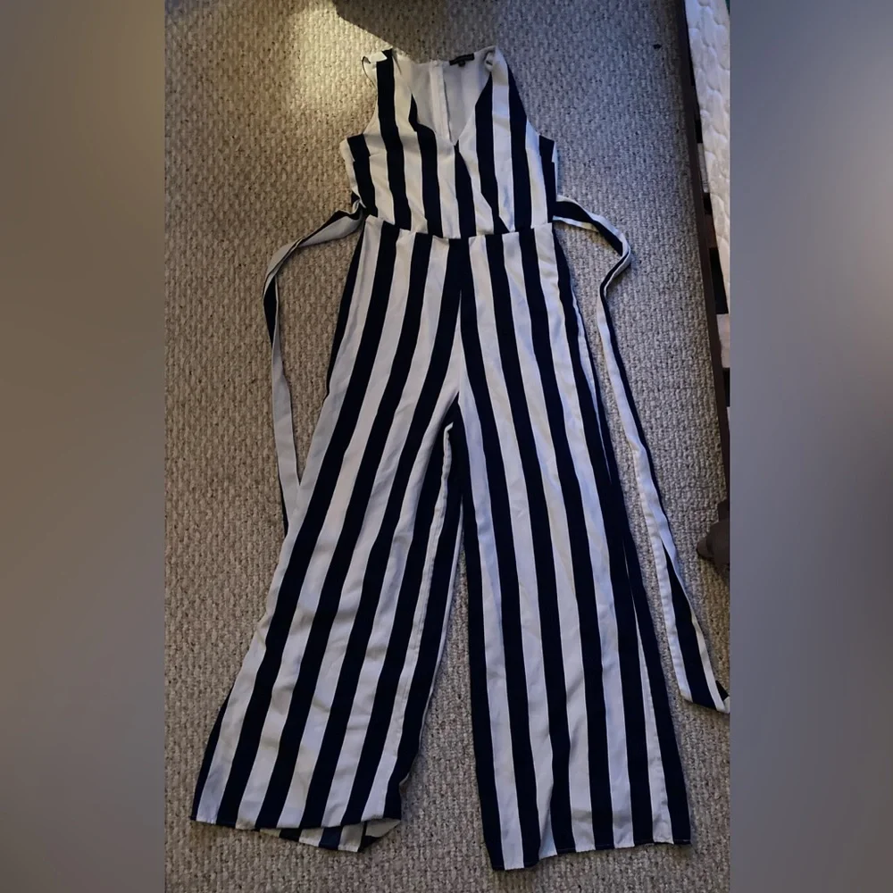 Shinestar NAVY and White Striped Jumpsuit with Bust Button and Zipper - Picture 1 of 5
